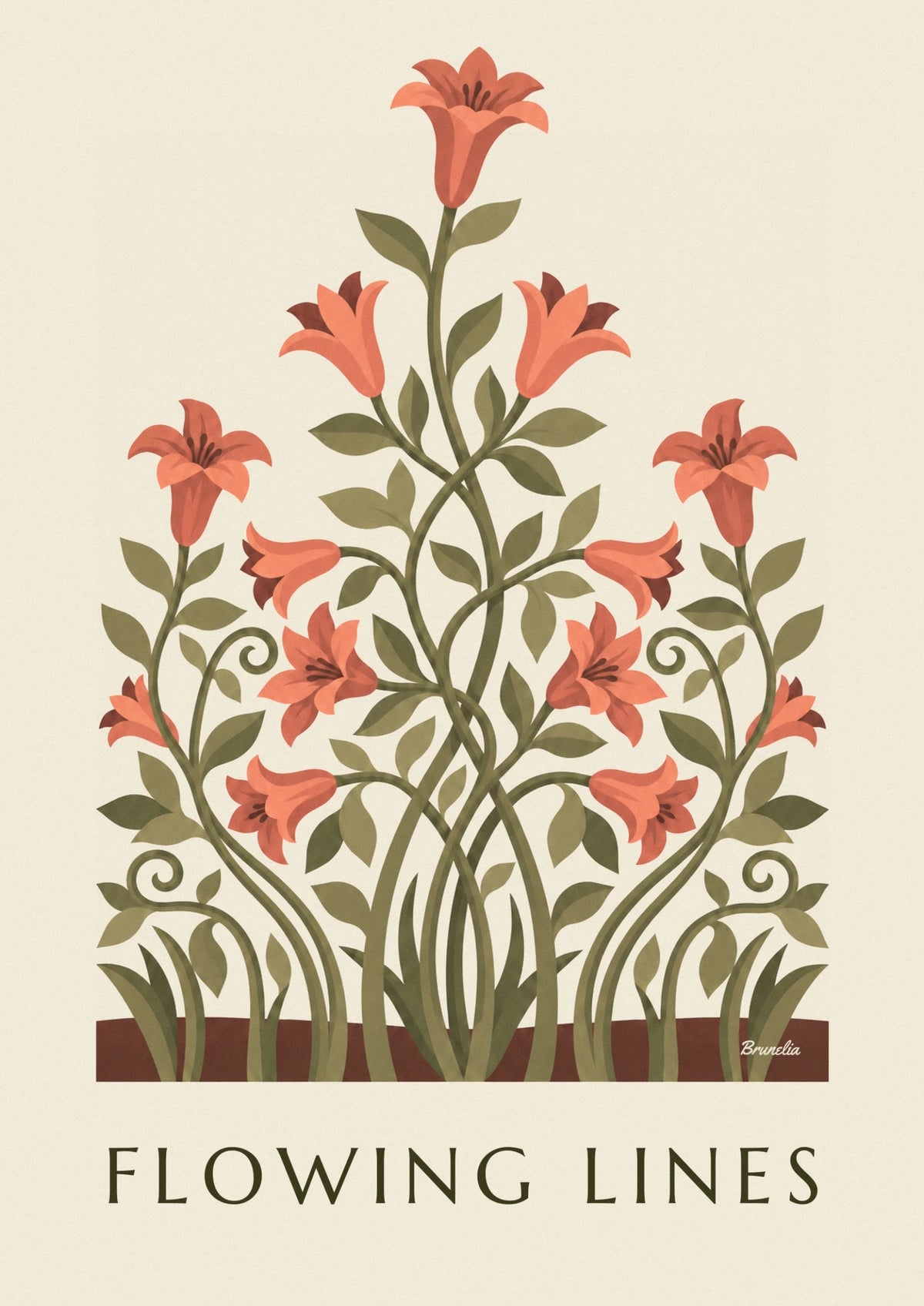 Flowing floral pattern with stylized lilies poster