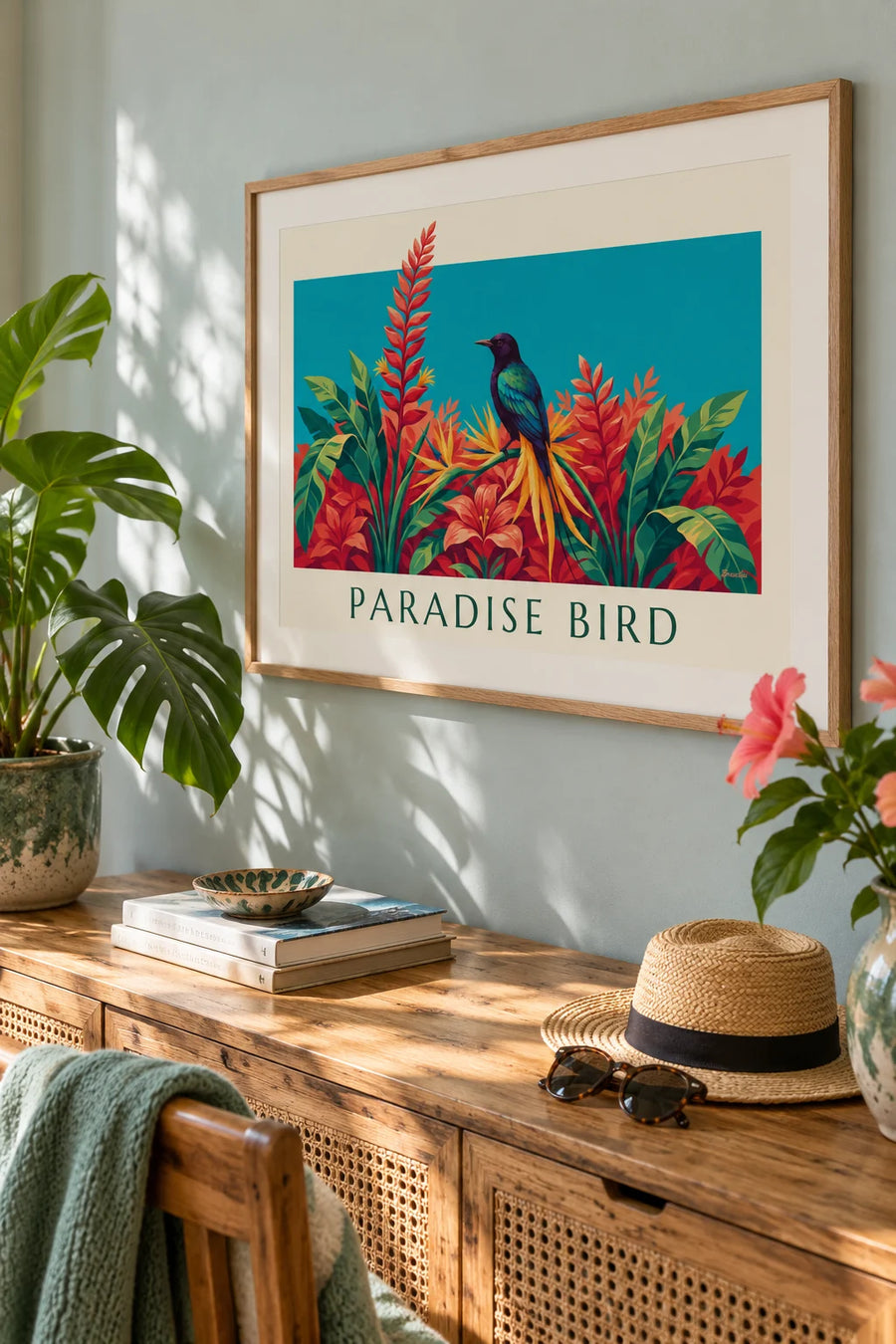 Póster de ave del paraíso entre flores tropicales: enmarcado en la pared