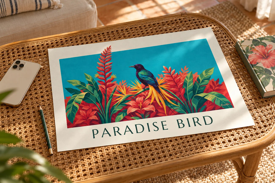 Póster de ave del paraíso entre flores tropicales: apoyado sobre una mesa