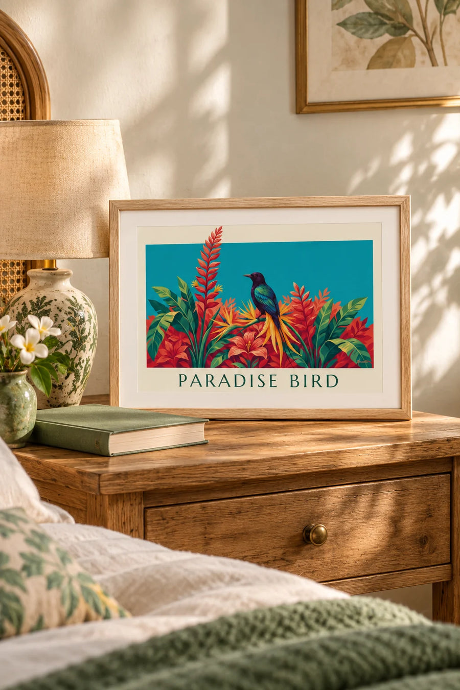 Póster de un ave del paraíso entre flores tropicales: formato pequeño A4 enmarcado