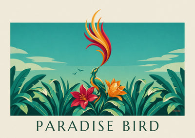 Poster of a bird of paradise among tropical flowers: the full poster