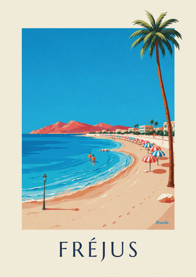 Póster de palmeras y sombrillas junto al mar en Fréjus: el póster completo