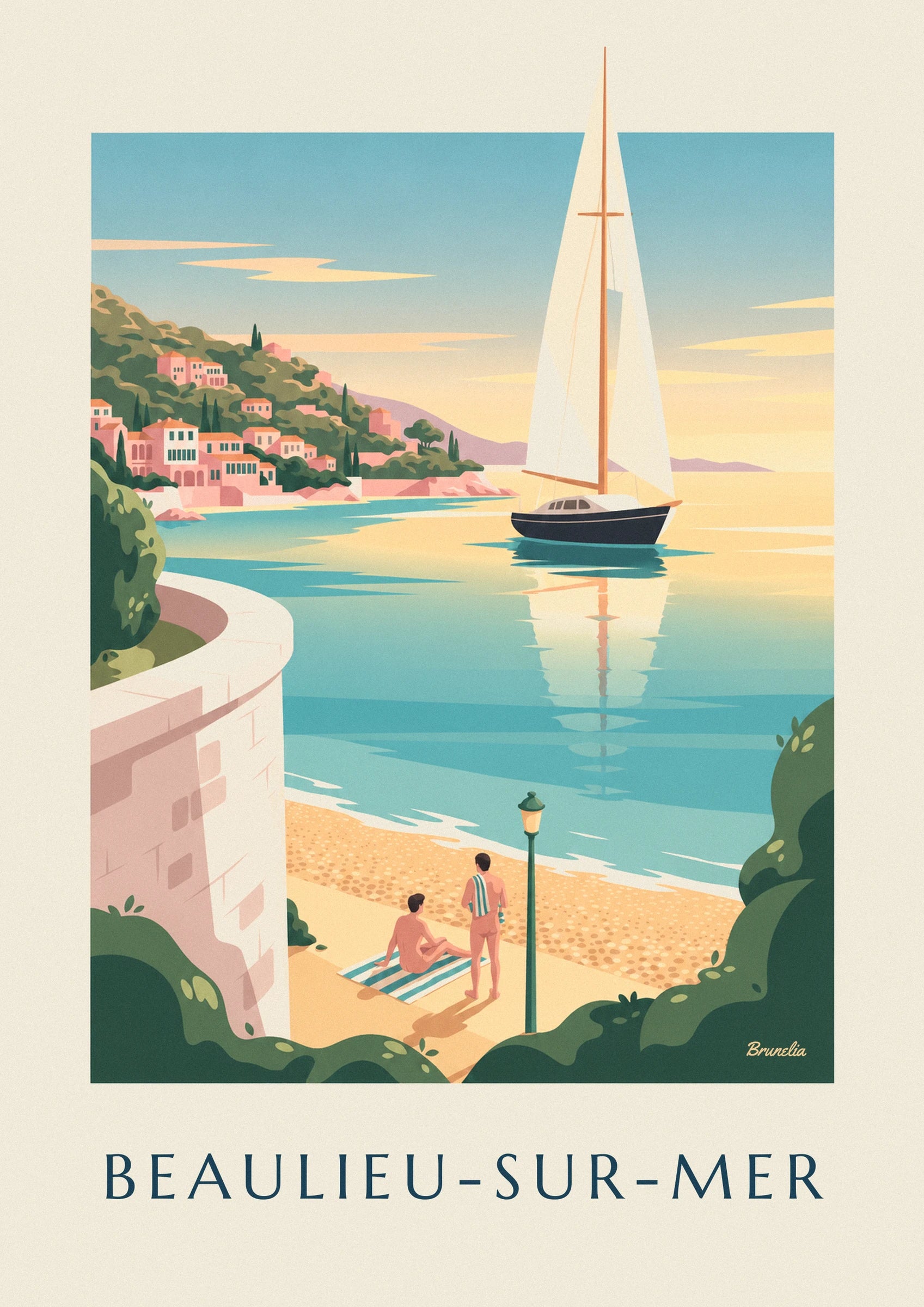 The sailing boat with a dark hull and large cream sails on the golden bay