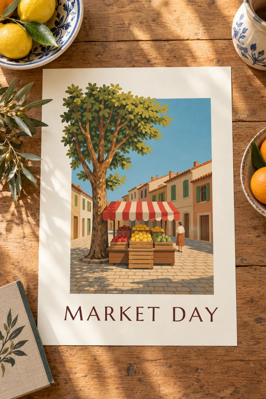 Affiche cagette de citrons sur un étal de marché : posée sur une table