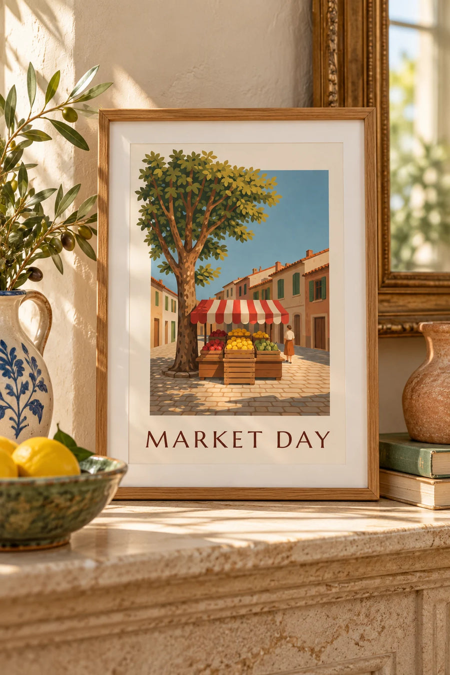 Affiche cagette de citrons sur un étal de marché : petit format A4 encadré