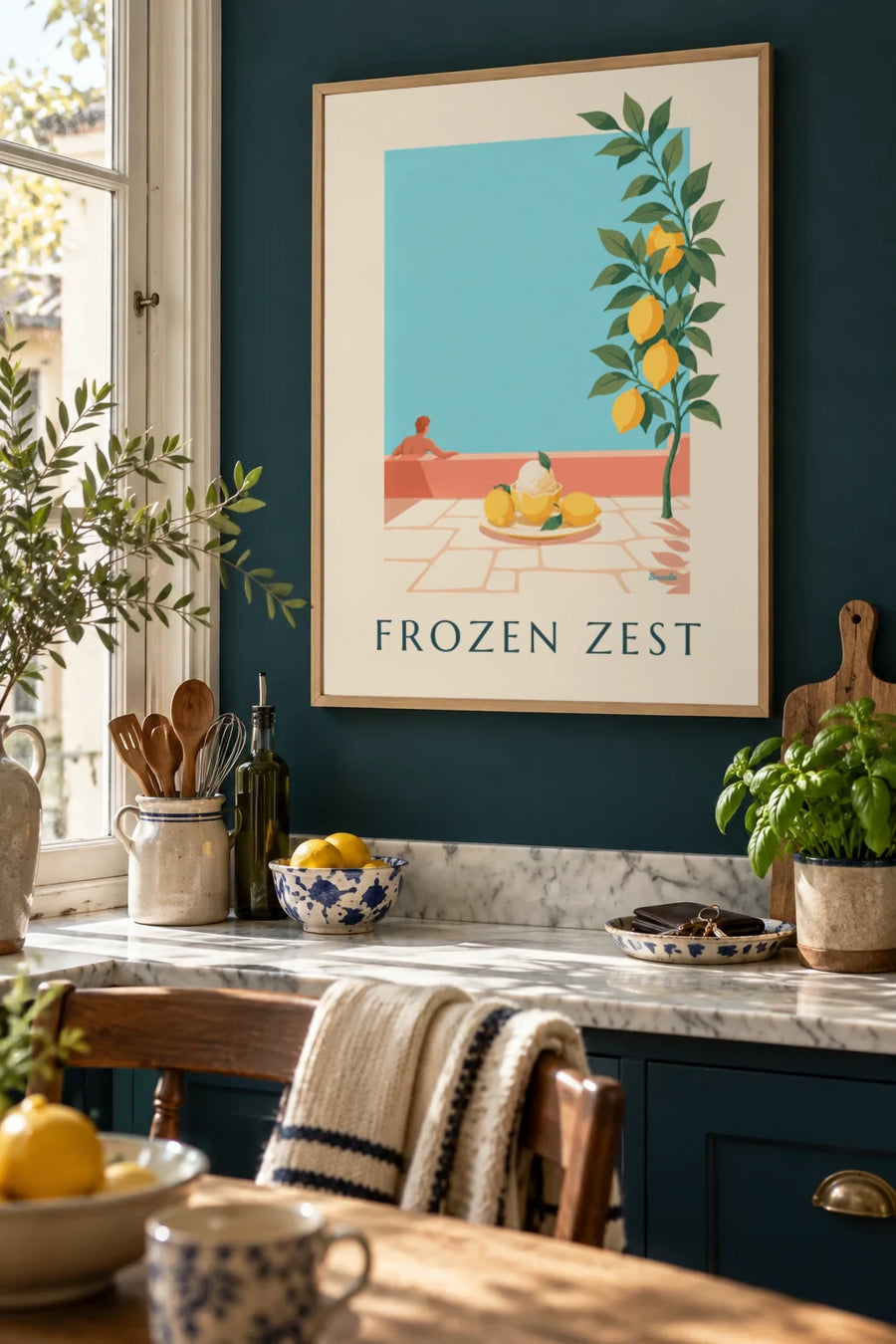 Affiche sorbet au citron servi dans son écorce et feuille de menthe : encadrée au mur