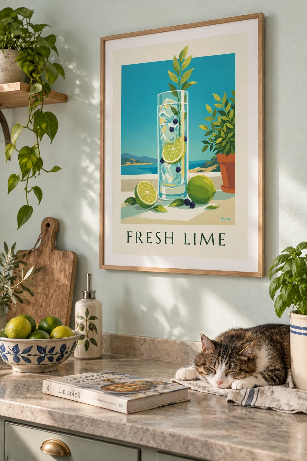 Gin and tonic with lime and juniper berries poster on the wall