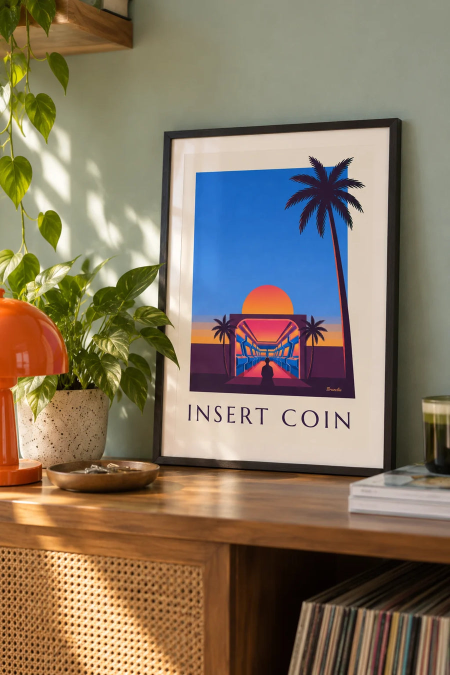 Poster of an arcade hall, neon lights and setting sun: small A4 size, framed