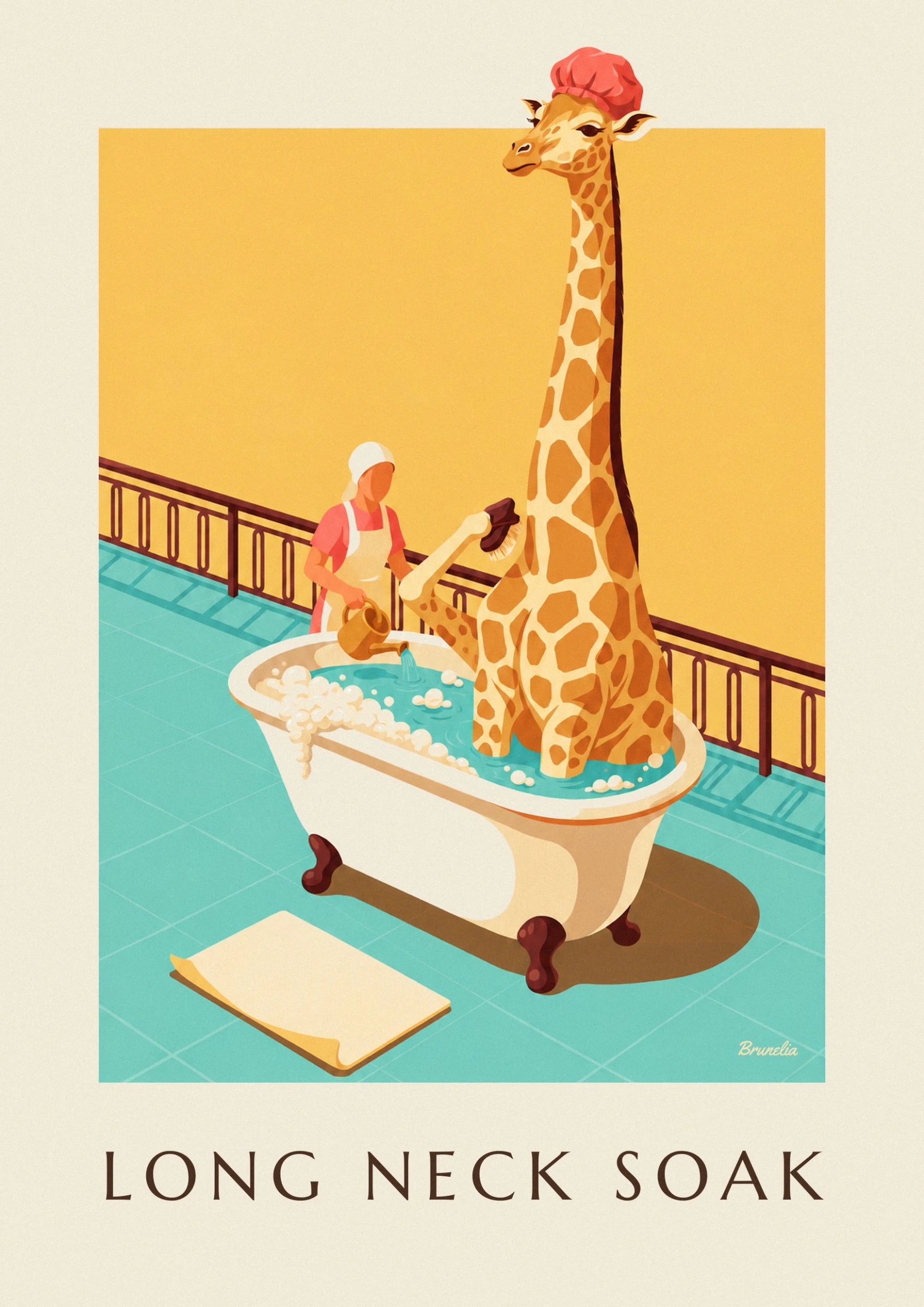 La girafe au long cou tacheté, coiffée d’un bonnet de bain rose