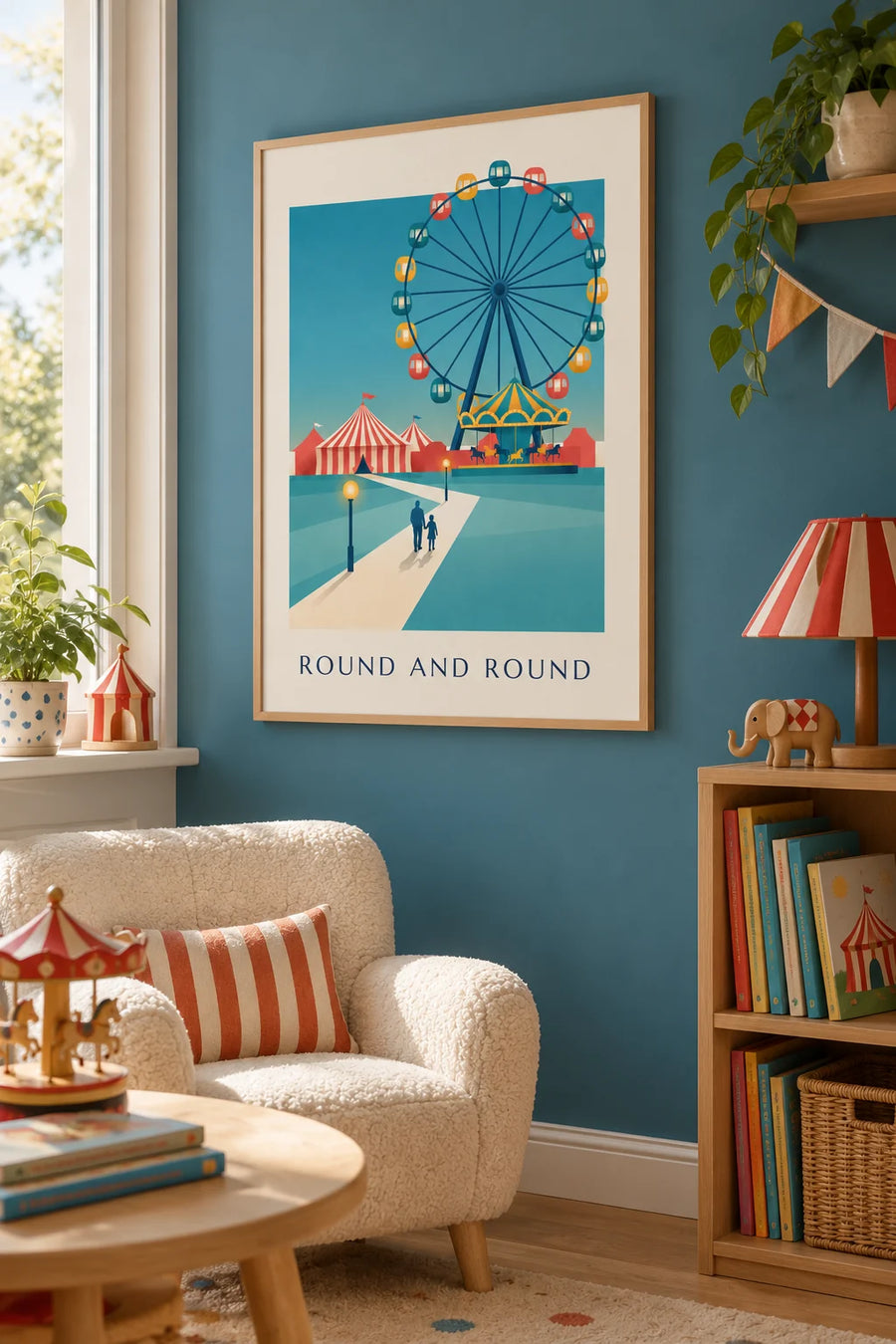 Póster de noria iluminada de parque de atracciones: enmarcado en la pared