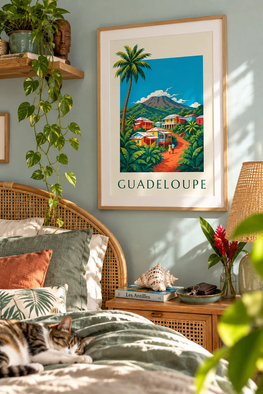 Póster de casas criollas y el volcán de la Soufrière en Guadalupe: enmarcado en la pared