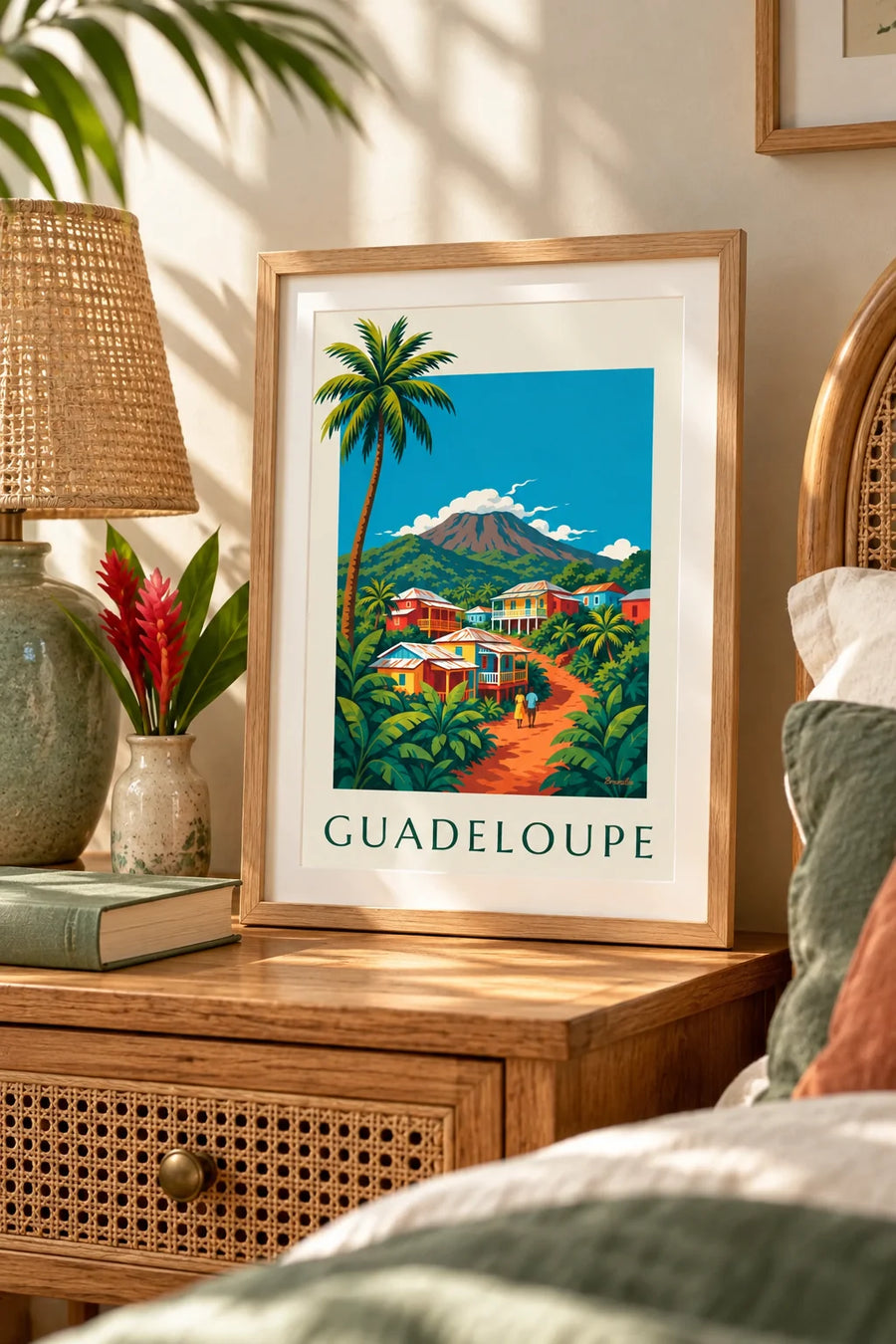 Póster de casas criollas y el volcán de la Soufrière en Guadalupe: formato pequeño A4 enmarcado