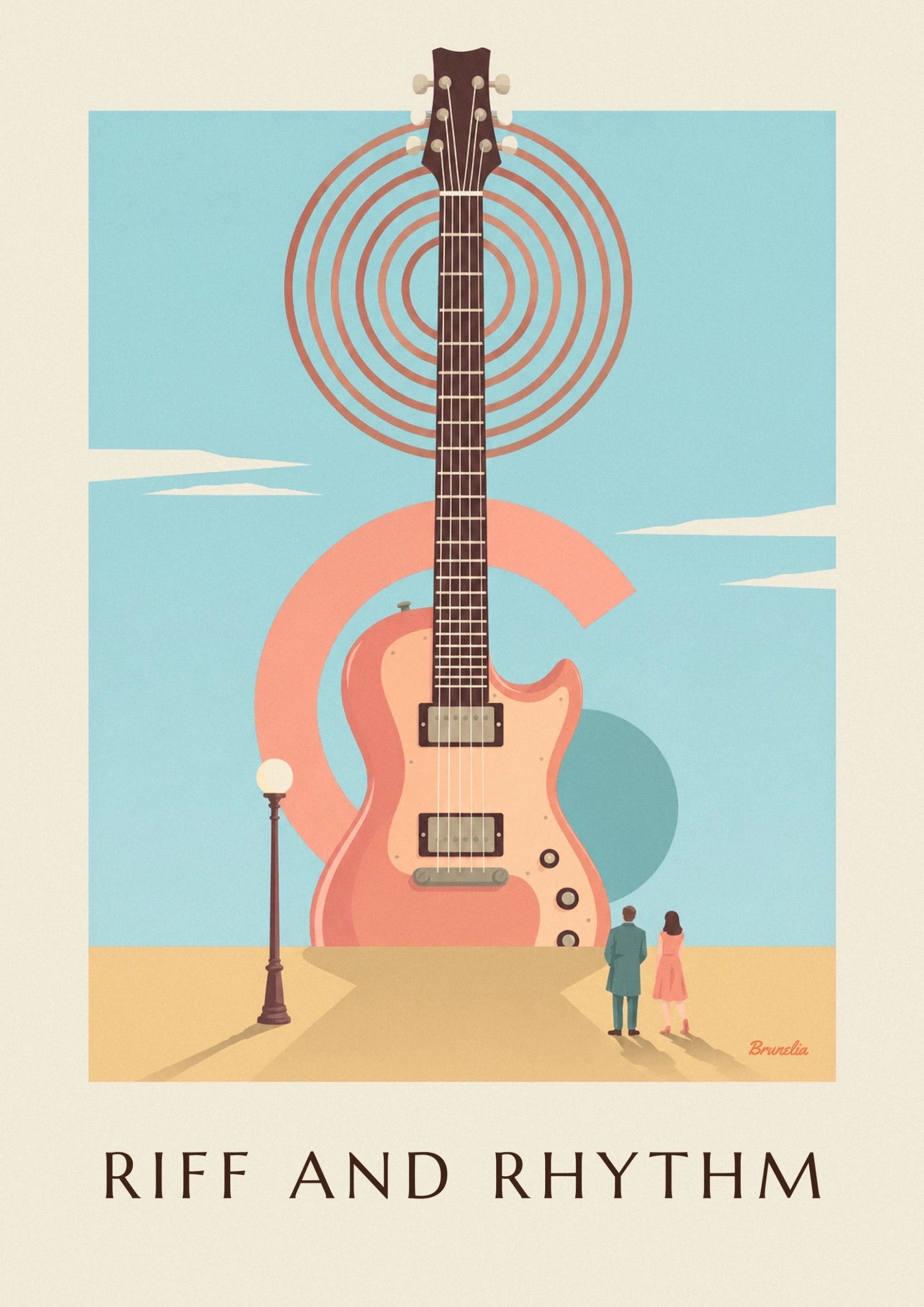 El cuerpo coral de la guitarra eléctrica, sus 2 pastillas y su golpeador color crema