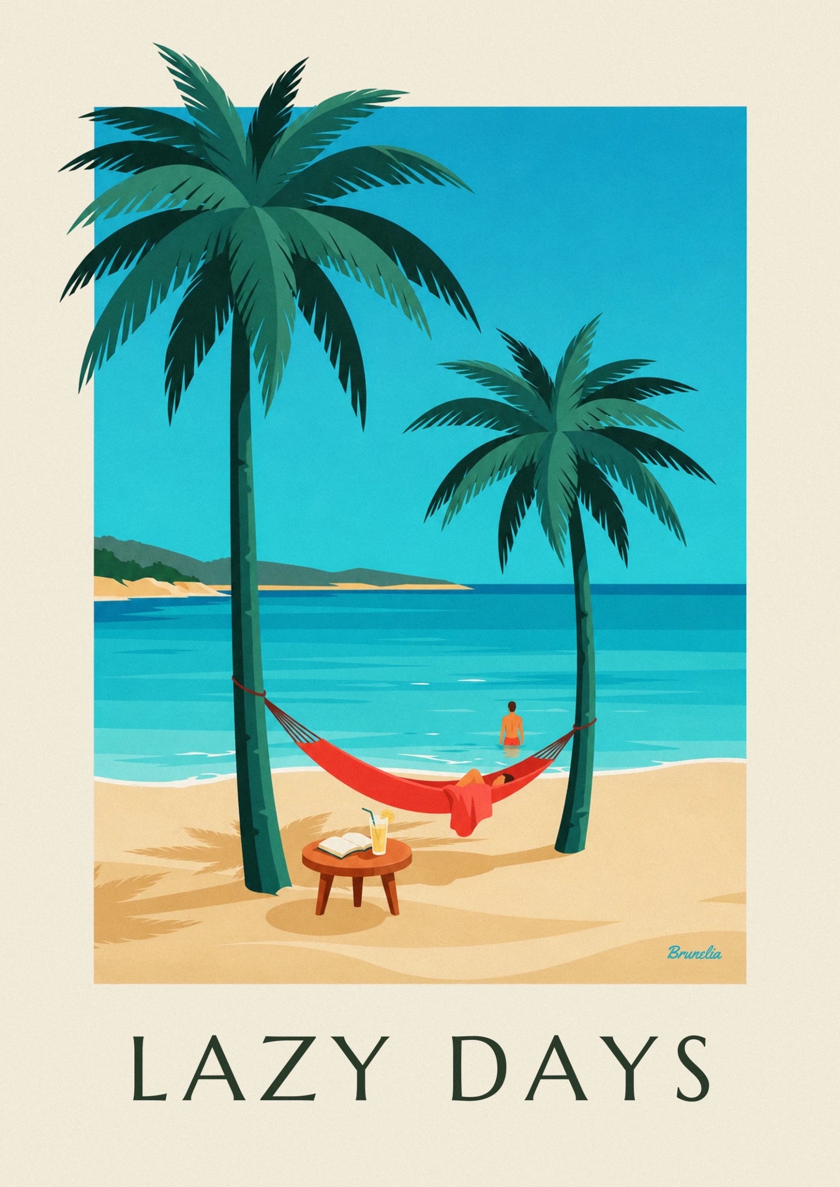 Le hamac rouge face à la mer turquoise, près du livre ouvert et du verre sur la table