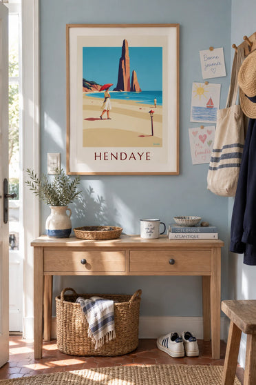 Woman with a red parasol on the beach at Hendaye poster: framed on the wall