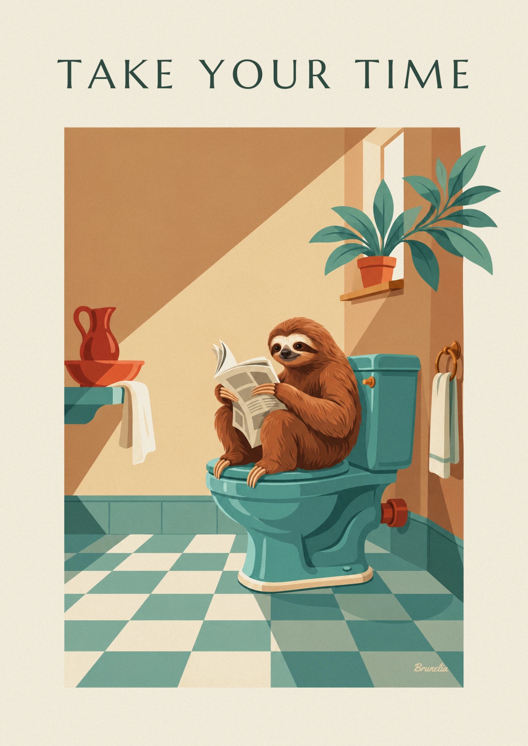 Sloth with reddish-brown fur reading a newspaper on a turquoise toilet, with a potted plant above