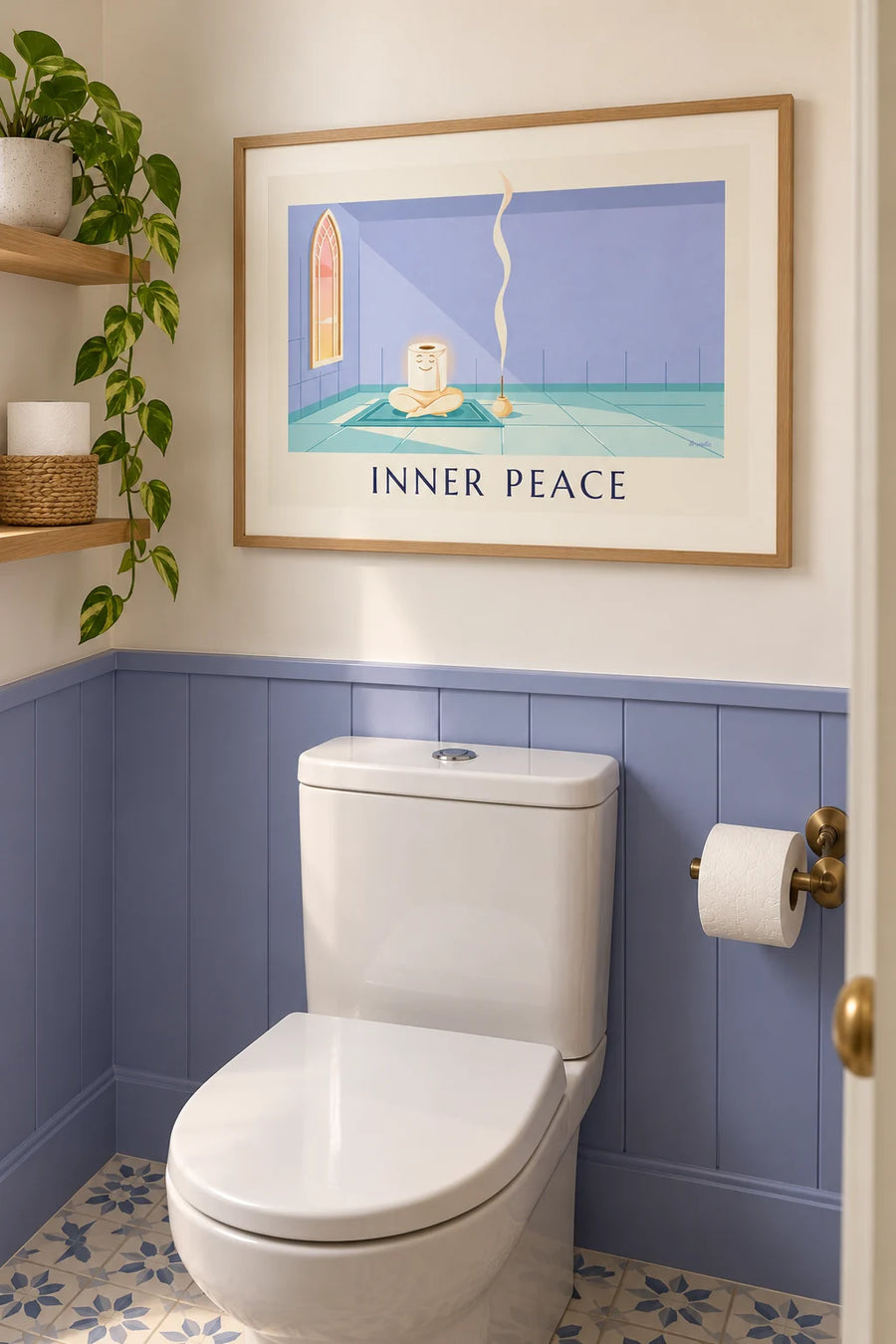 Póster de rollo de papel higiénico en meditación zen: enmarcado en la pared