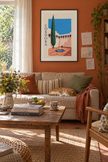 Poster of a patio in bloom with geraniums and a fountain in Córdoba: framed on the wall