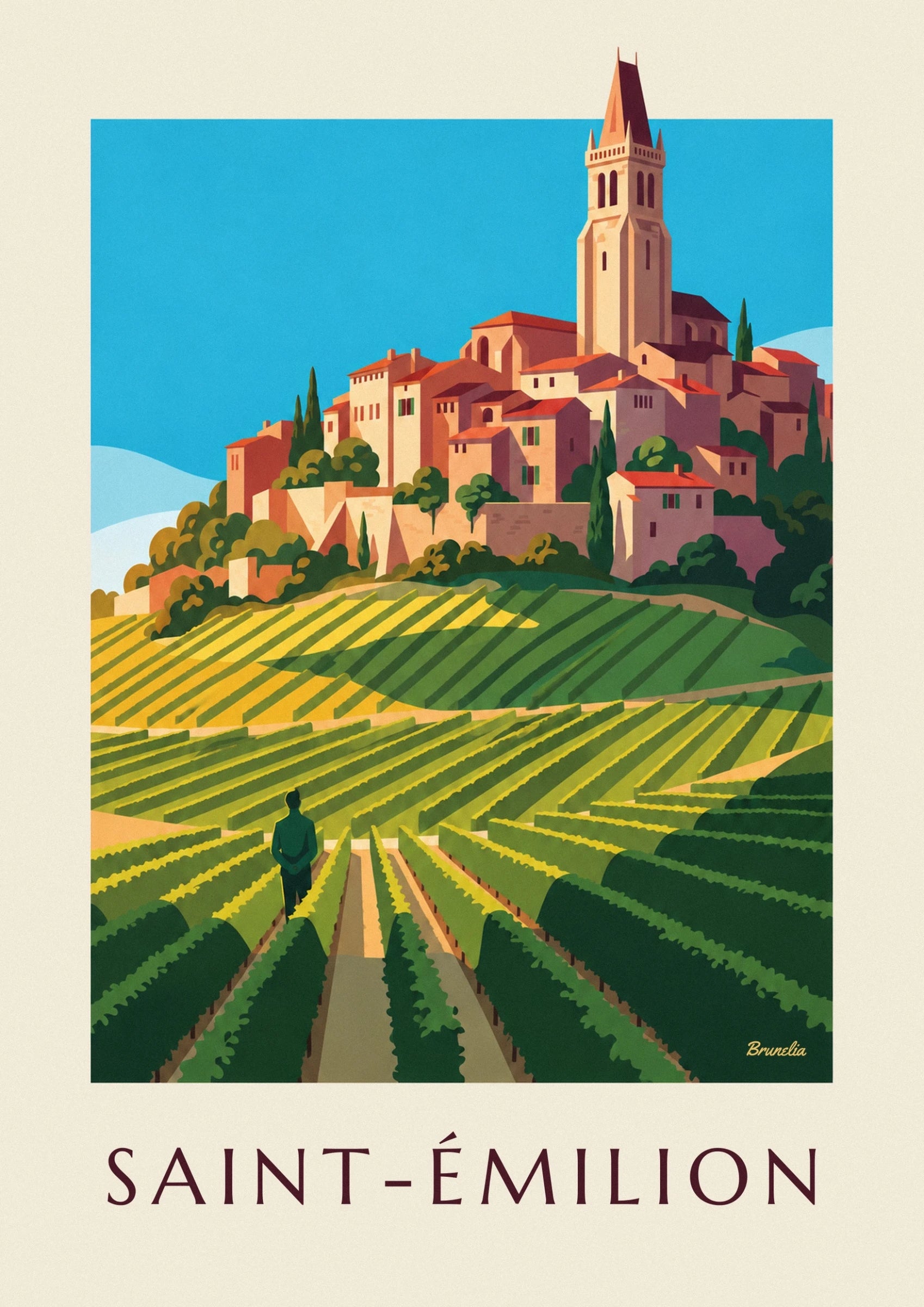 The bell tower of Saint-Émilion rising above houses with red roofs and cypresses
