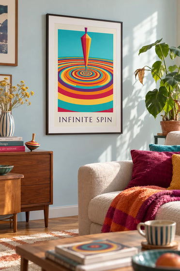 Póster de peonza en el centro de espirales hipnóticas de colores: enmarcado en la pared