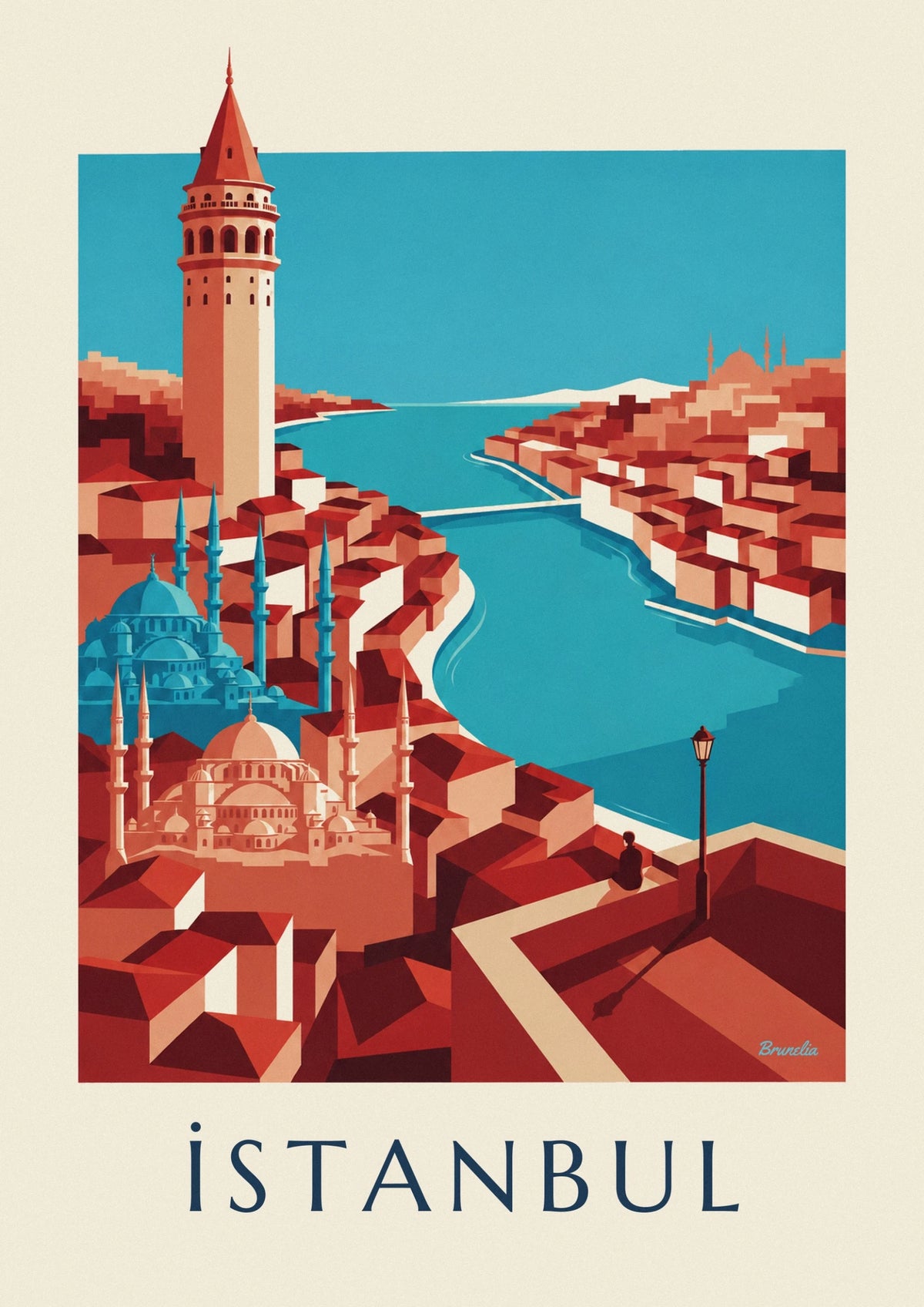 Affiche carte géométrique de la ville d'Istanbul et ses monuments