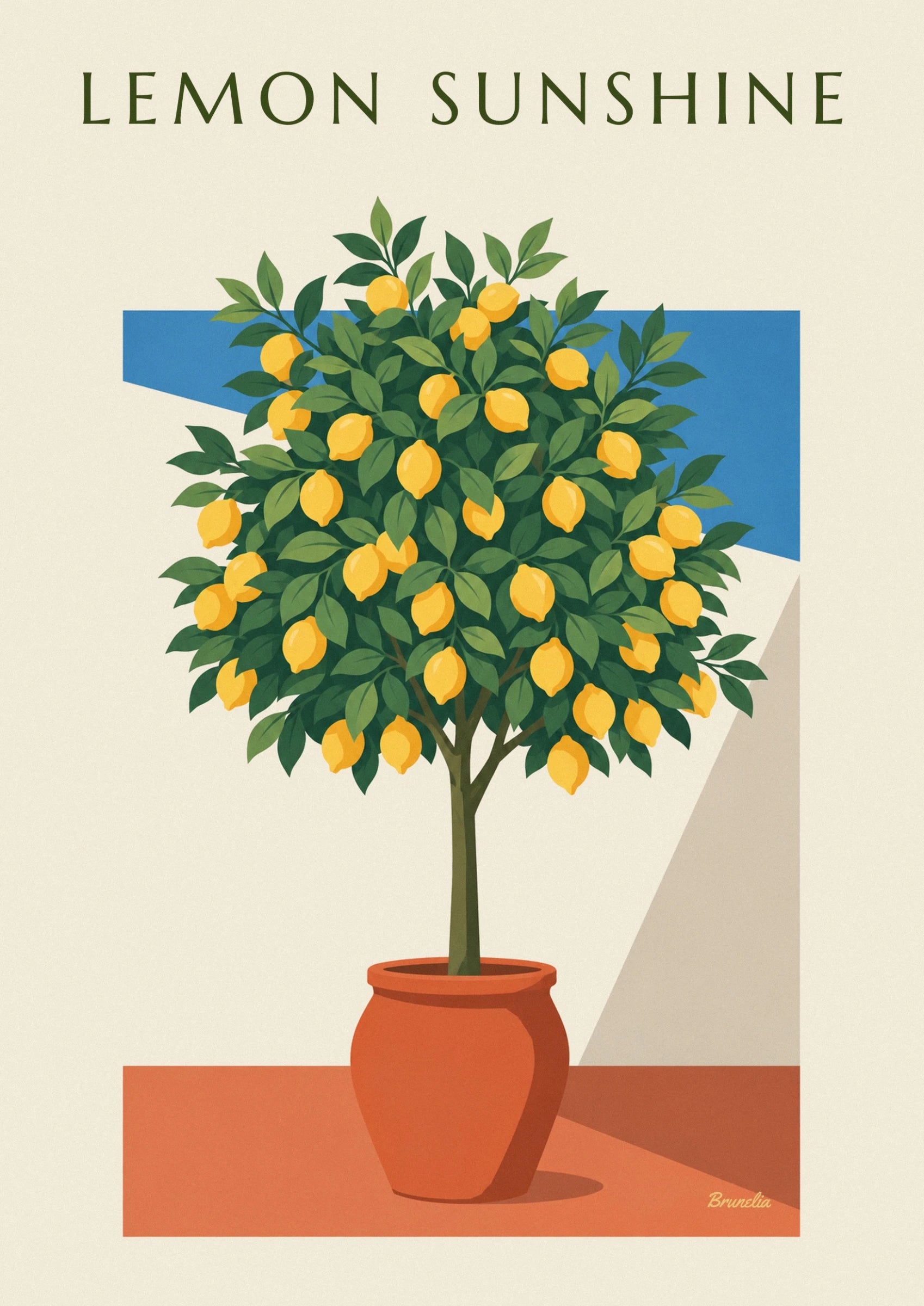Des citrons jaunes au milieu d’un feuillage dense, devant une bande de ciel bleu
