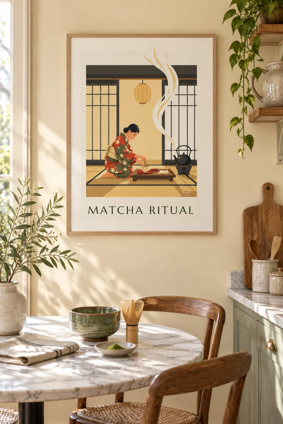 Póster ceremonia del té y cuenco de matcha en Japón: enmarcado en la pared