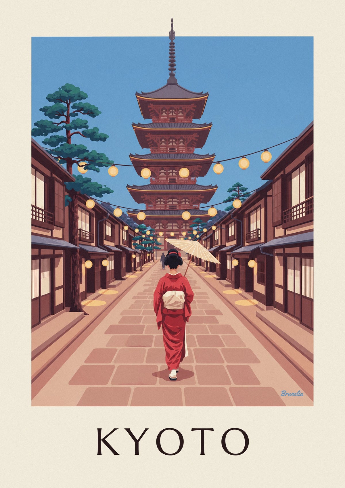 Geisha with parasol heading to Yasaka Pagoda in Kyoto poster