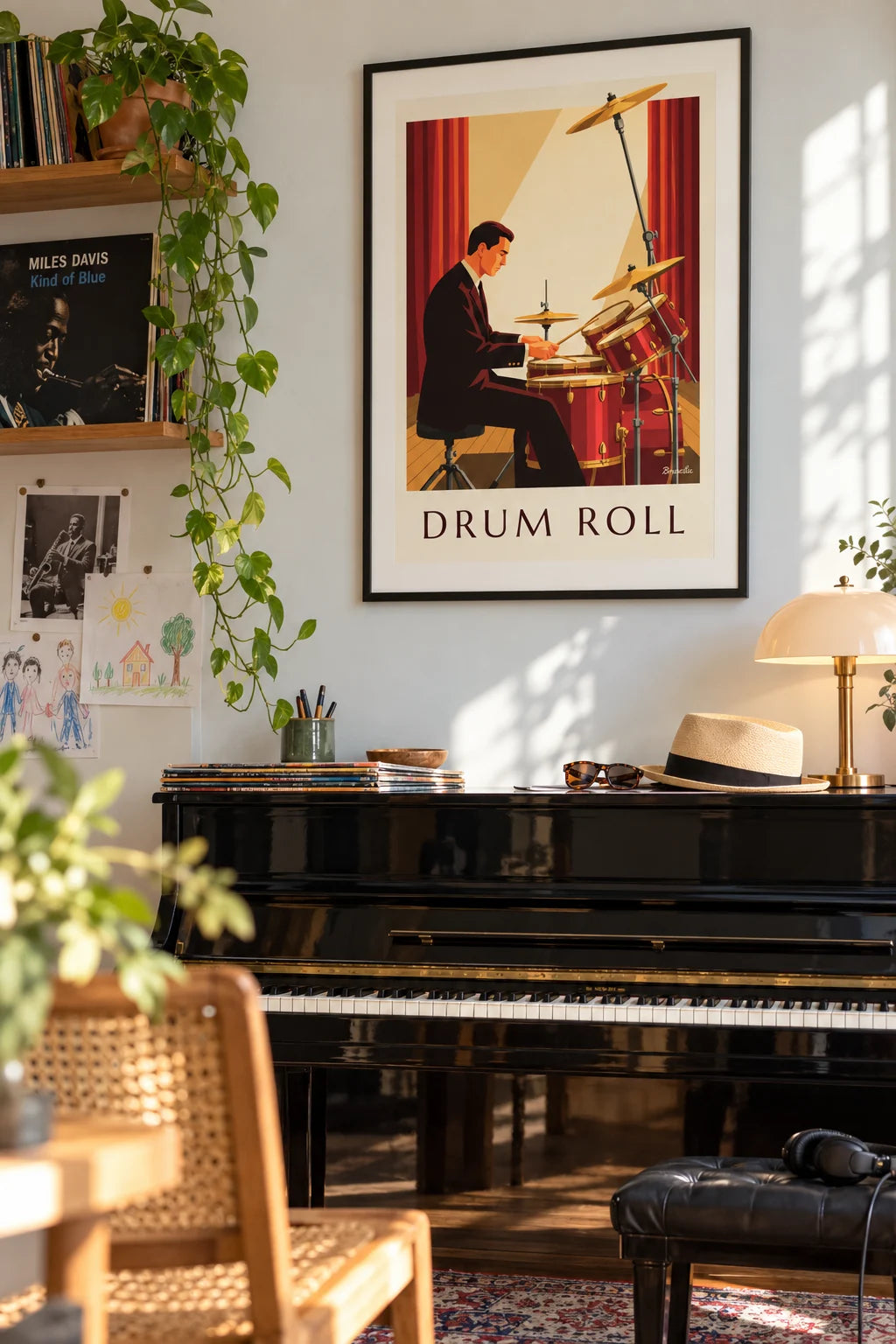 Living room: Jazz drummer in a suit behind a red drum kit poster on the wall