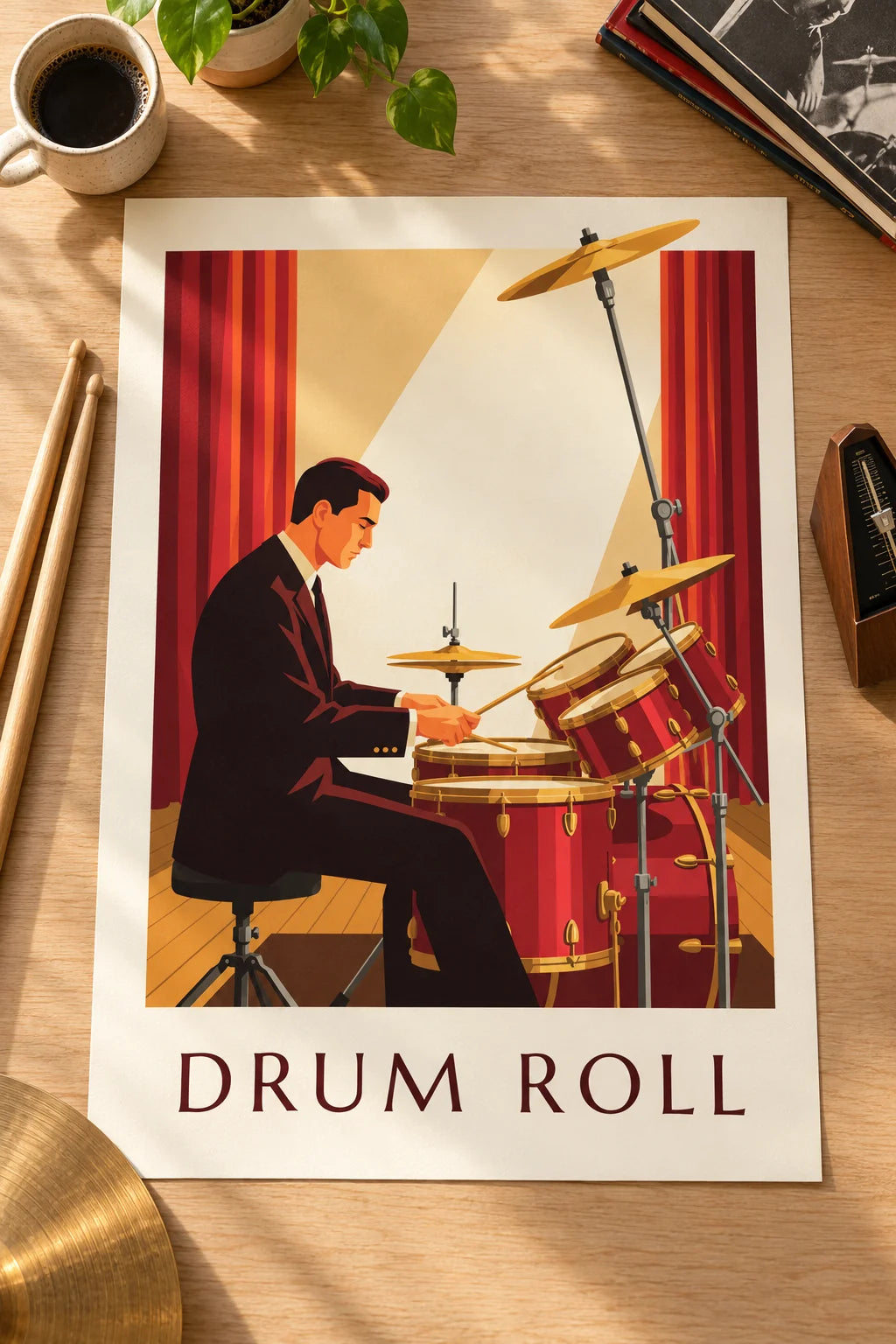 Living room: Jazz drummer in a suit behind a red drum kit poster on the wall