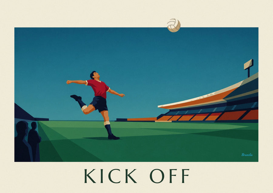 Soccer player kicking the ball in a stadium poster
