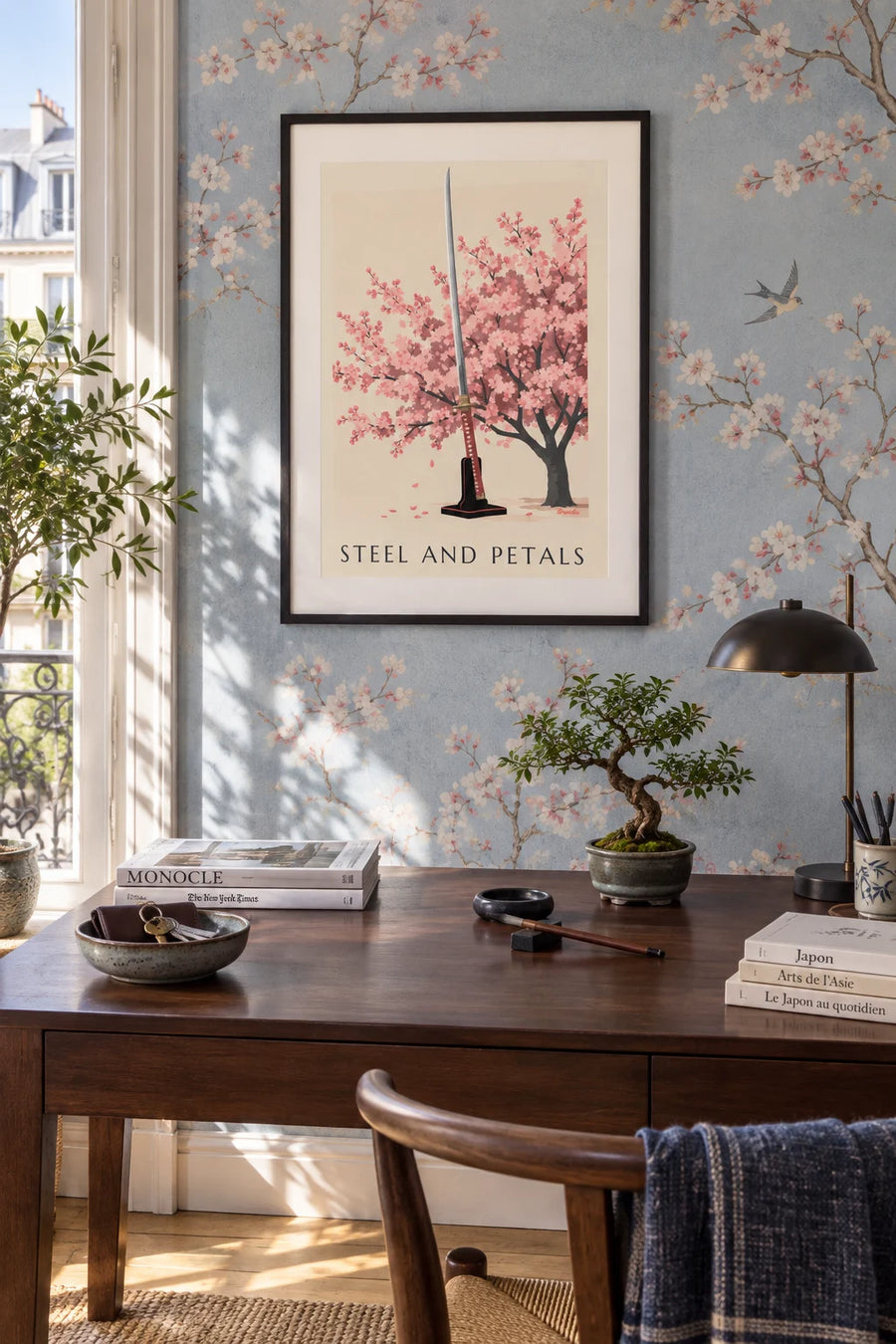 Affiche sabre katana et cerisiers japonais en fleurs : encadrée au mur