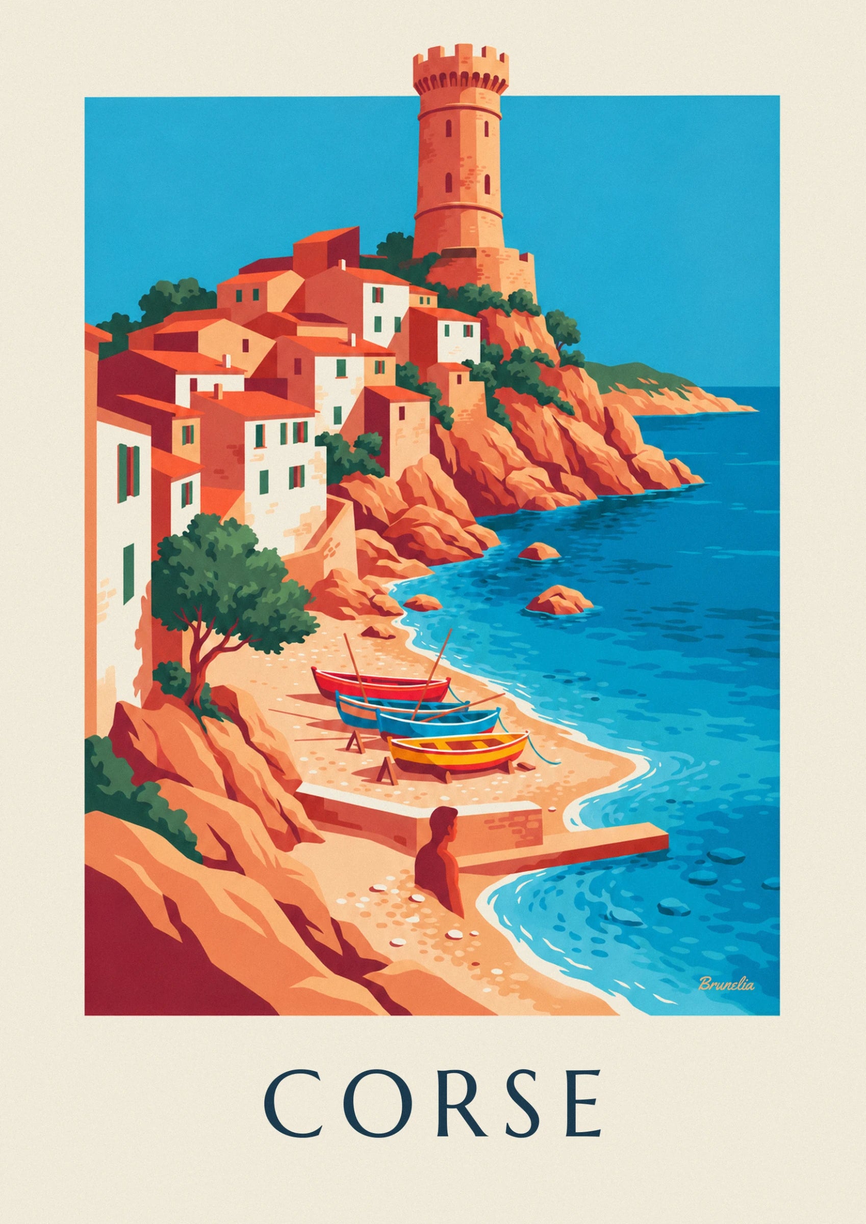 The Genoese tower overlooking the white houses with orange roofs, on the reddish rock cliff