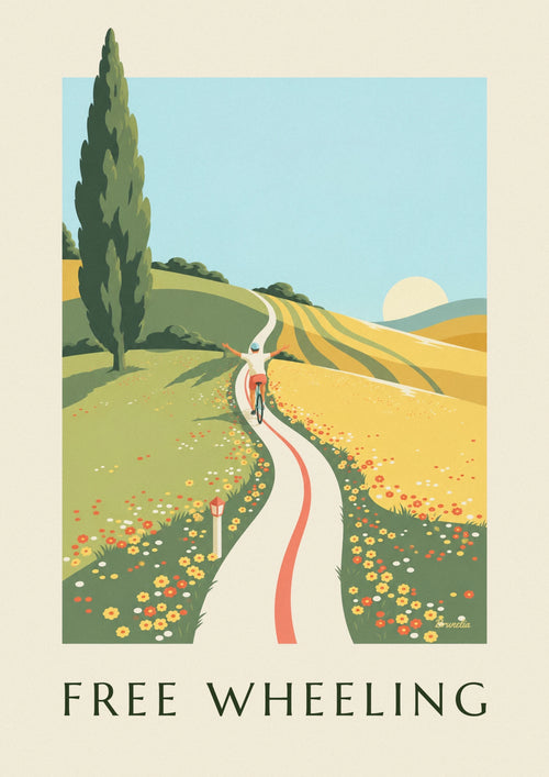 Affiche cycliste bras ouverts sur une route de collines fleuries : l'affiche entière