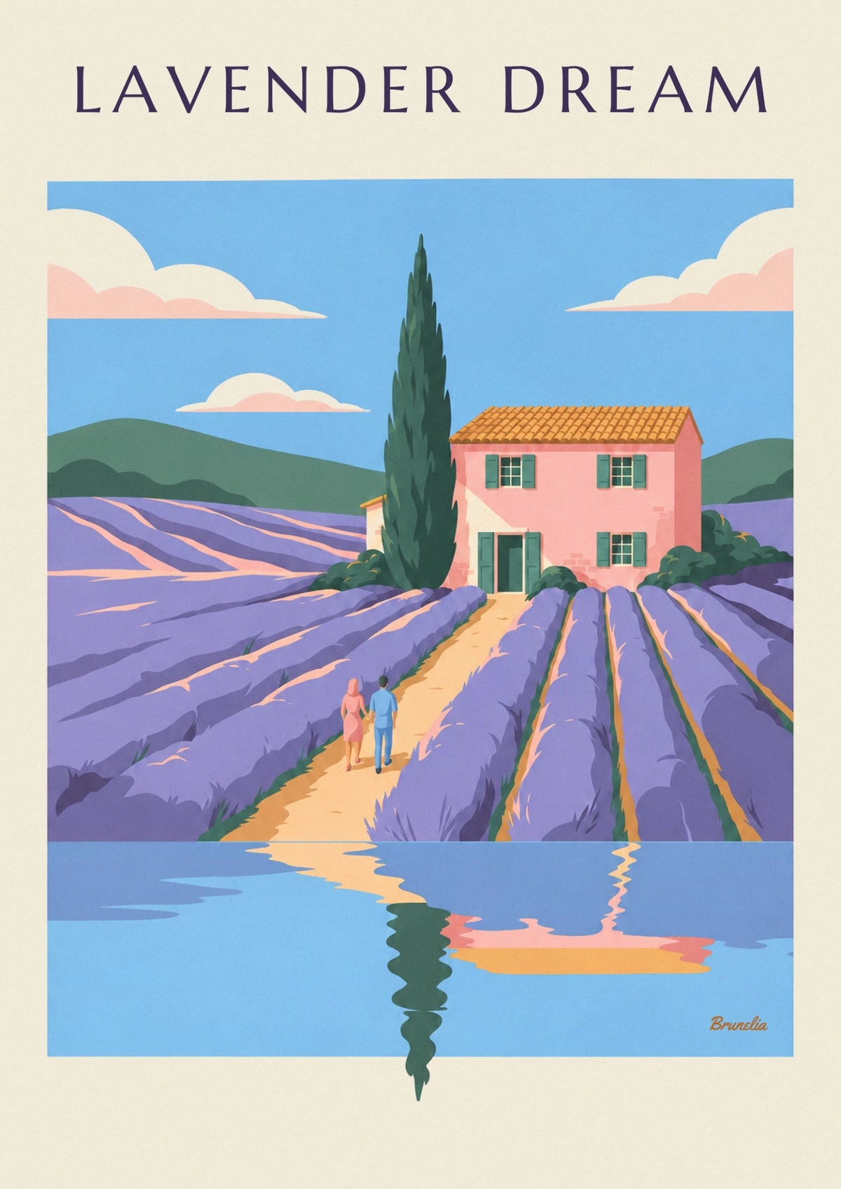 Affiche maison rose et champ de lavande en Provence
