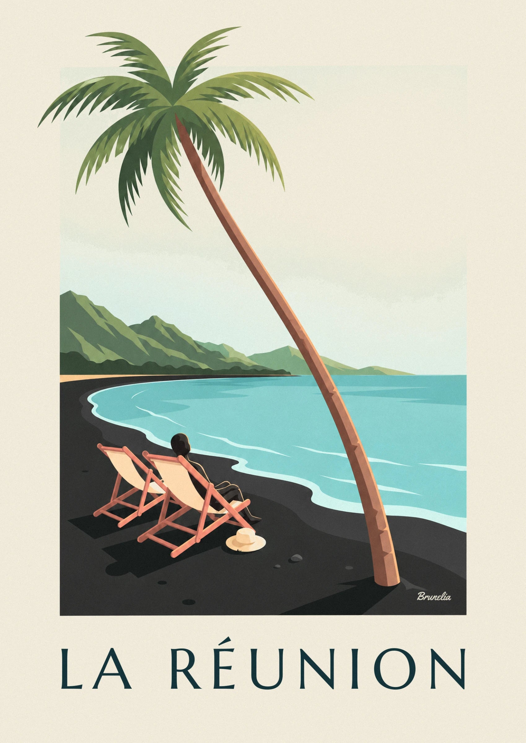 The leaning palm tree with green fronds, in front of the mountains and clear sky