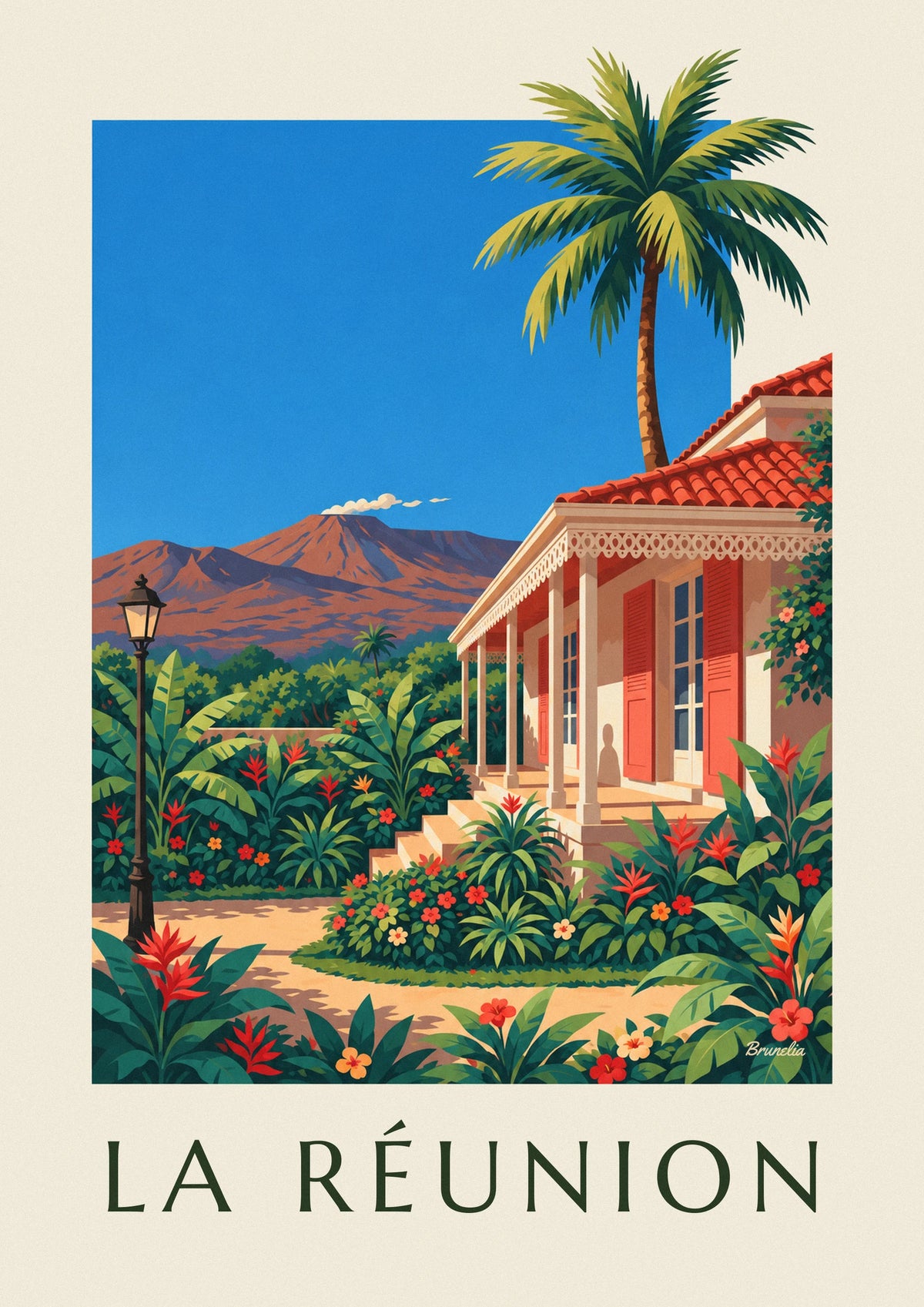 Affiche case créole et Piton de la Fournaise à La Réunion