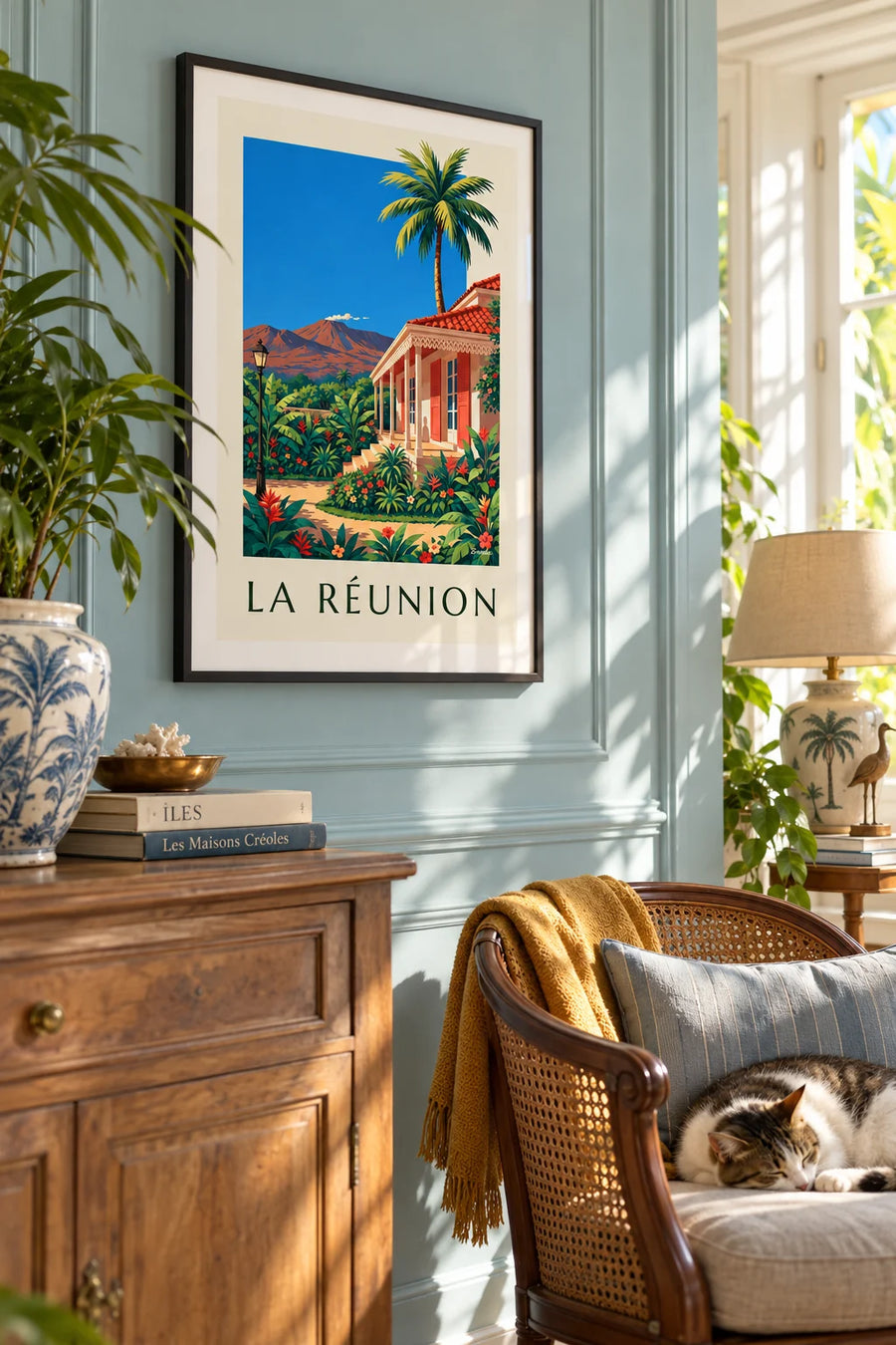 Póster de una casa criolla y el Piton de la Fournaise en La Reunión: enmarcado en la pared