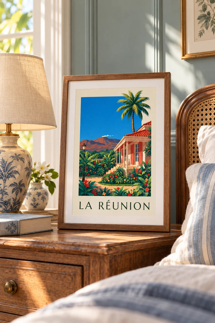 Póster de una casa criolla y el Piton de la Fournaise en La Reunión: formato pequeño A4 enmarcado