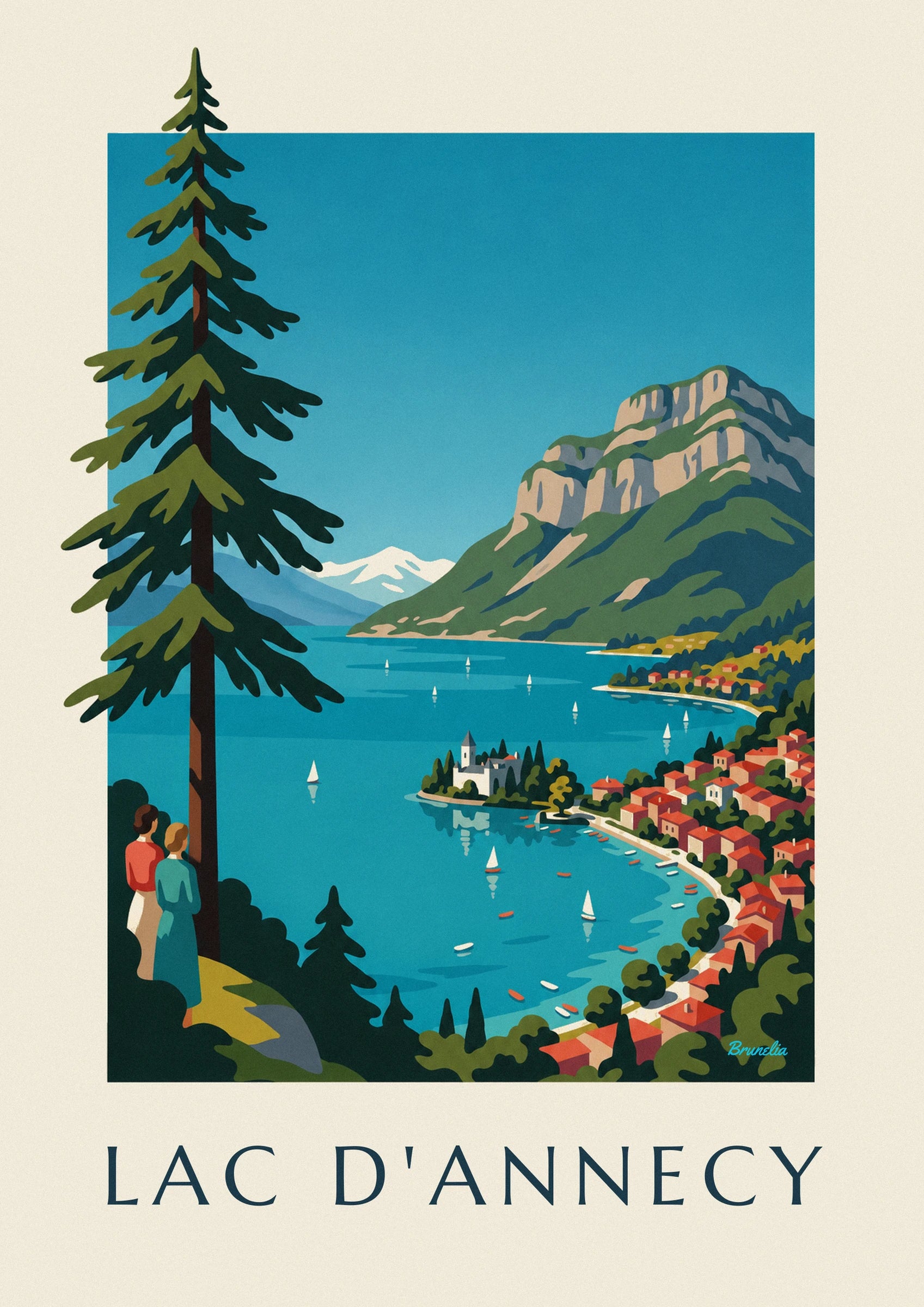 Affiche lac d'Annecy dans les Alpes, voiliers et Tournette : détail en gros plan