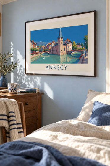 Affiche palais de l'Isle et ponts fleuris sur le Thiou à Annecy : encadrée au mur
