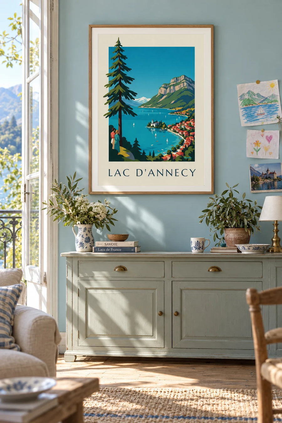 Affiche lac d'Annecy dans les Alpes, voiliers et Tournette : encadrée au mur