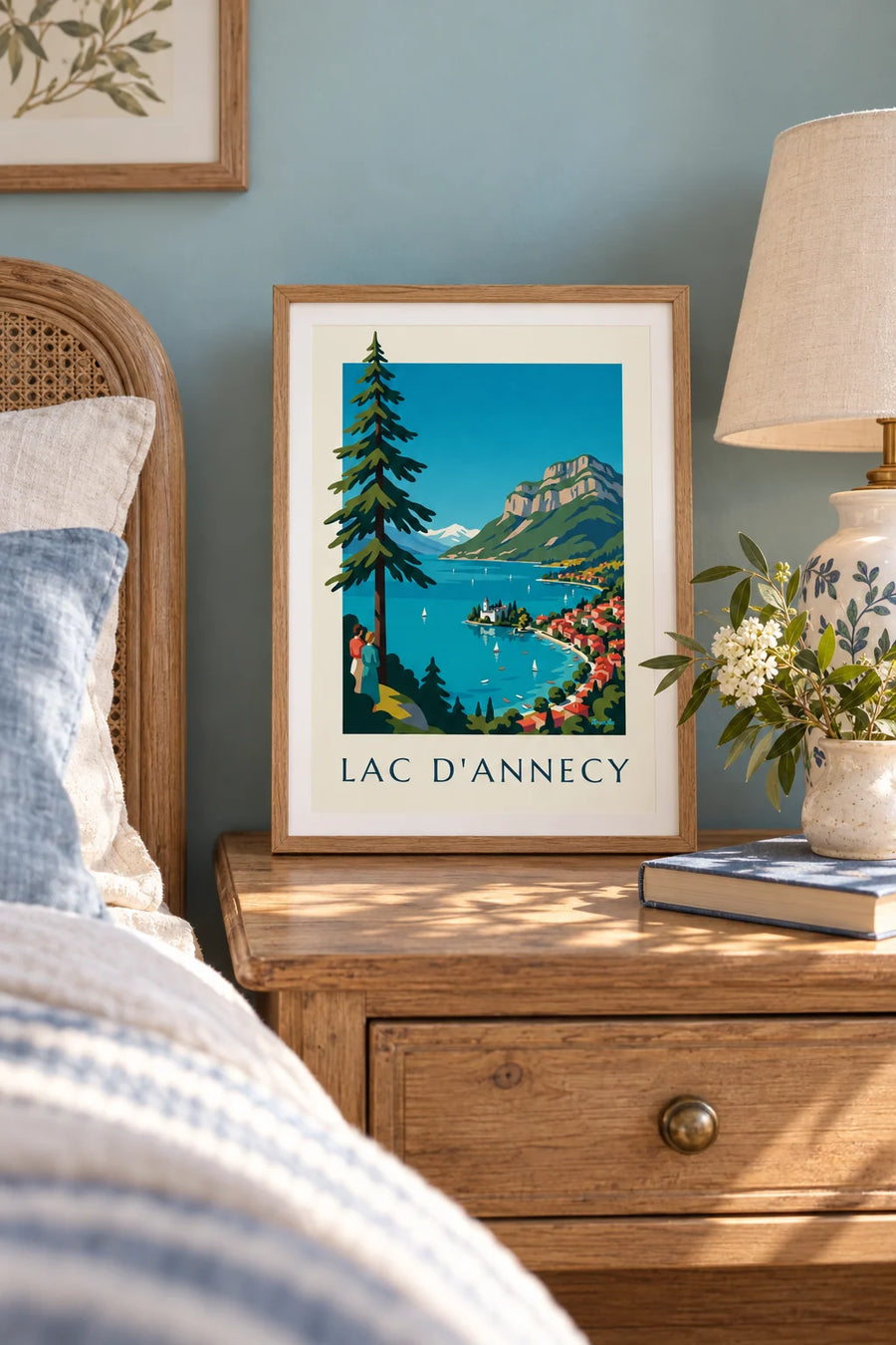 Affiche lac d'Annecy dans les Alpes, voiliers et Tournette : petit format A4 encadré