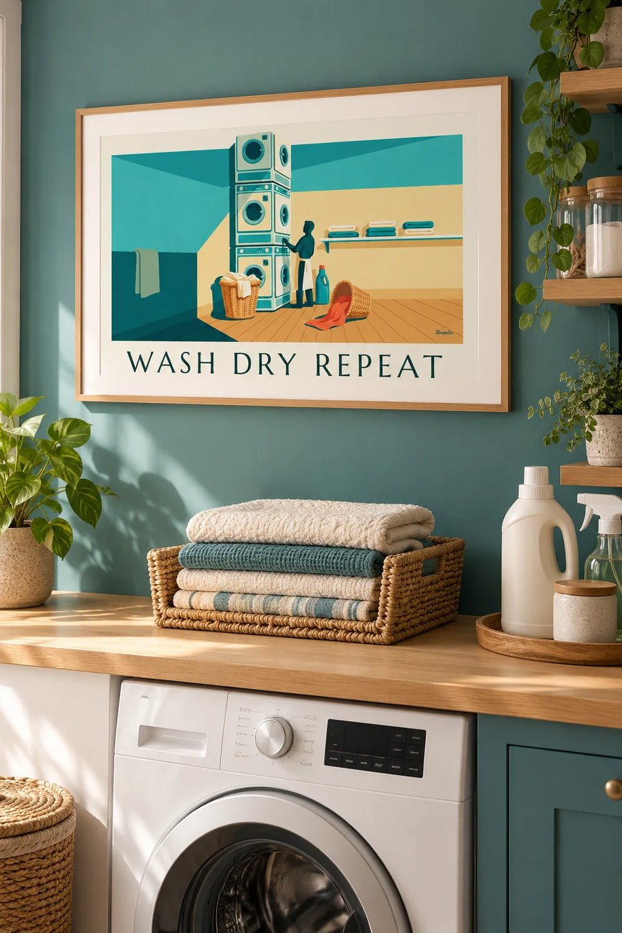 Póster «Laundry Room» con cestos de ropa y lavadoras: enmarcado en la pared