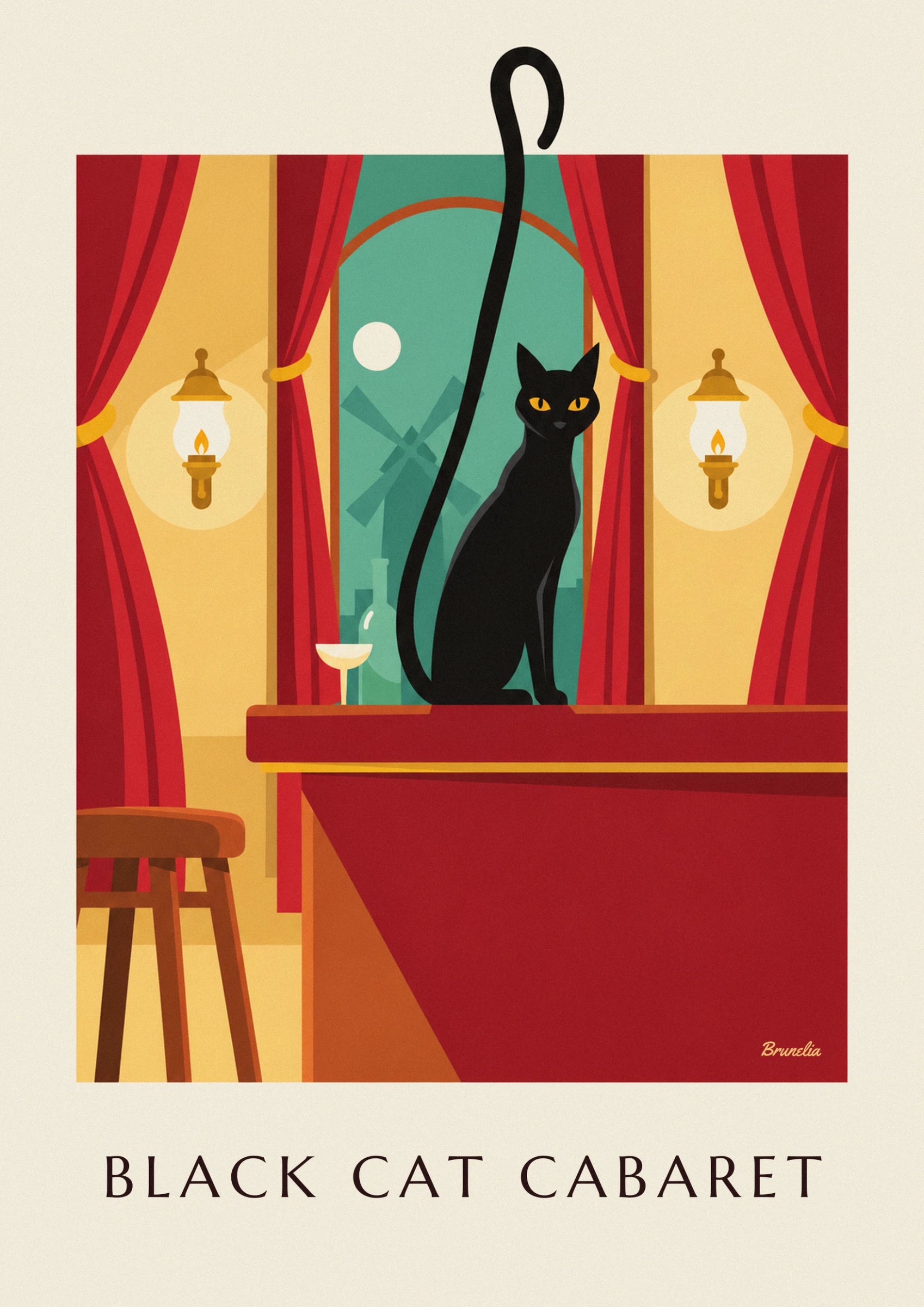 The black cat with yellow eyes sitting near the red curtain, with a green windmill behind