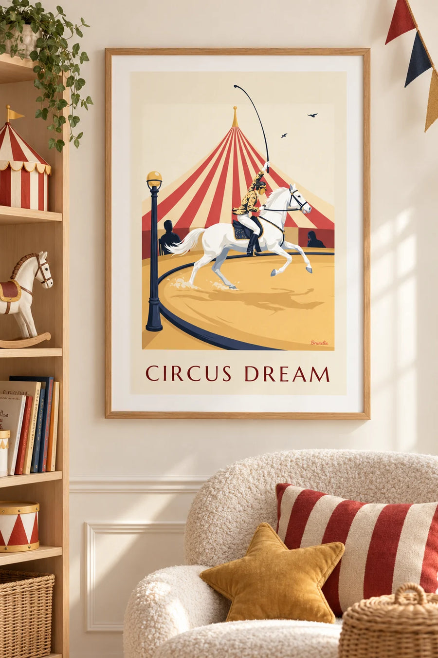 Póster de amazona sobre un caballo blanco al galope bajo la carpa del circo: enmarcado en la pared