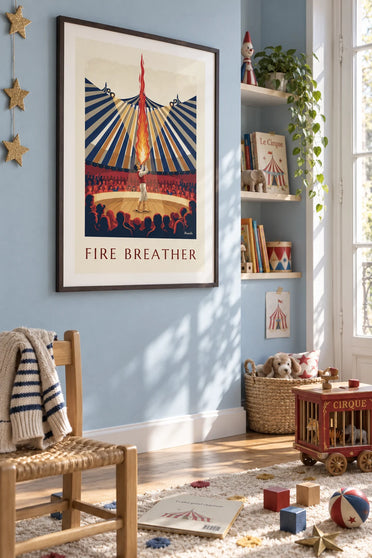 Poster of a fire-breather under the circus big top: framed on the wall