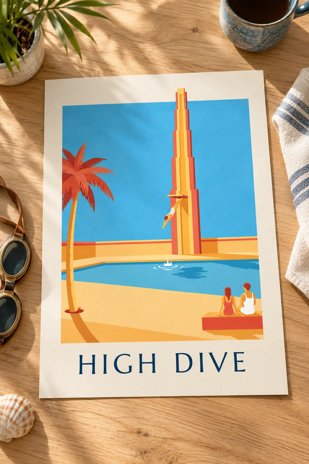 Bathroom: Swan dive diver above the pool poster on the wall
