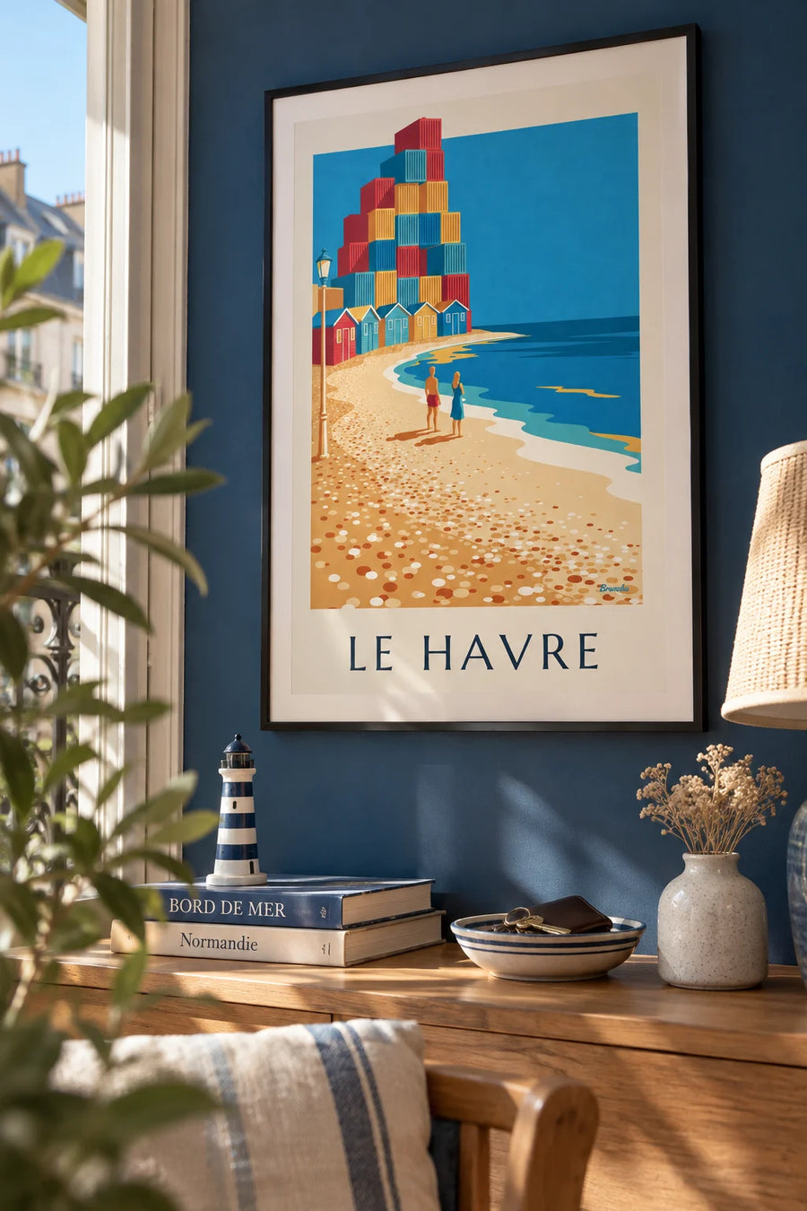 Affiche cabines de plage et arche de conteneurs du Havre : encadrée au mur