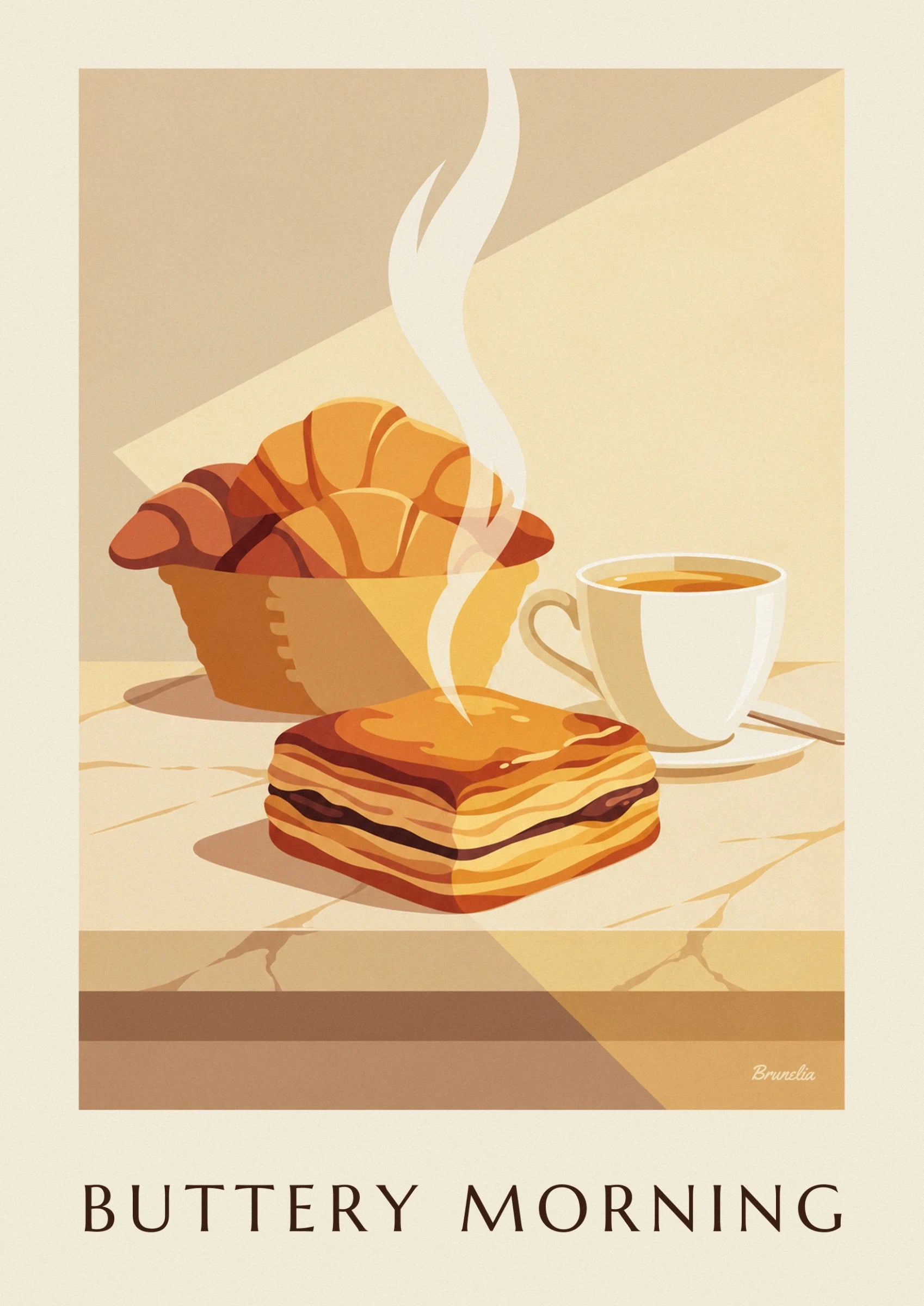Un pain au chocolat dorado de capas hojaldradas junto a una taza humeante